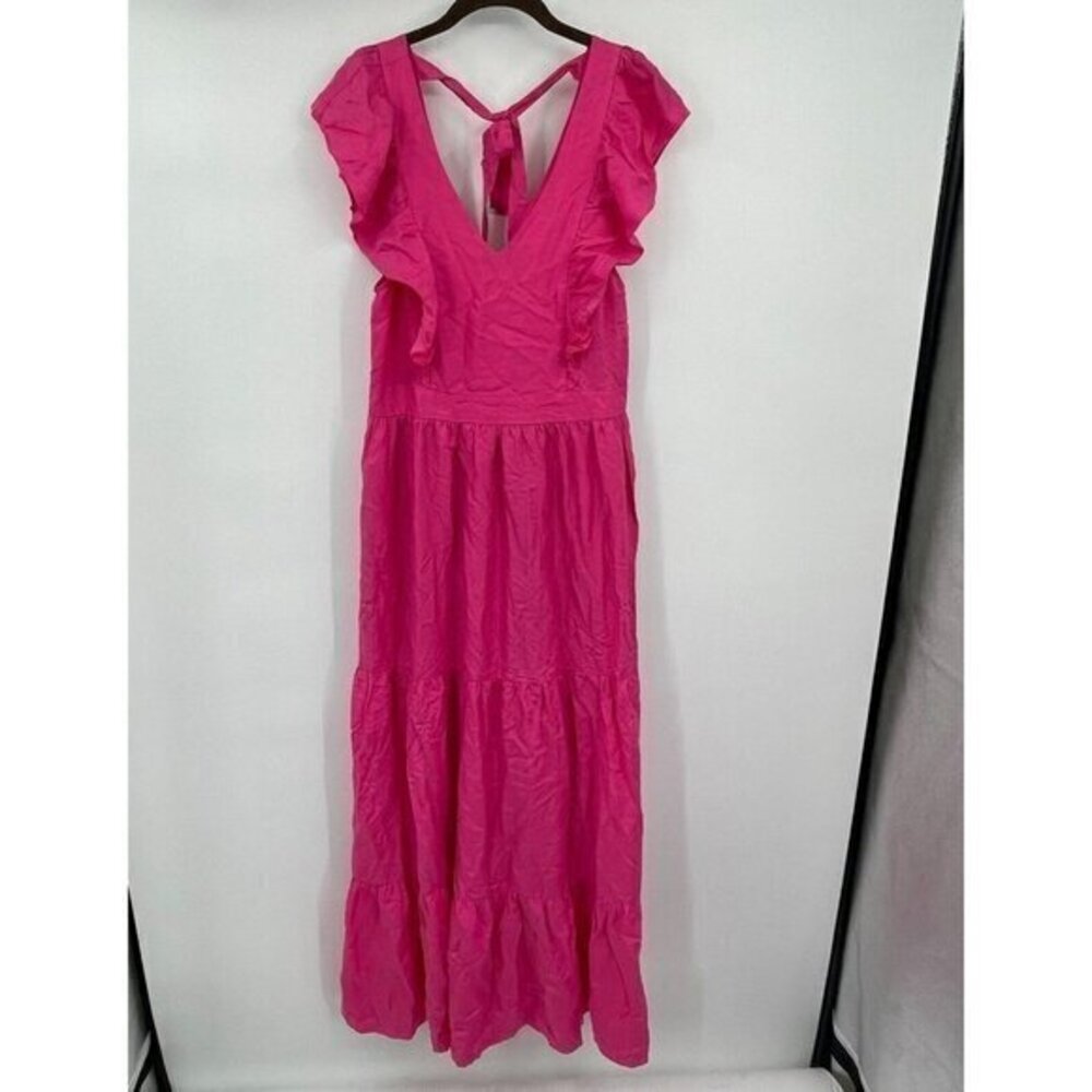 Scotch & Soda Womens Dress Medium Pink Ruffled Sleeves Maxi V Back Tie Tiered